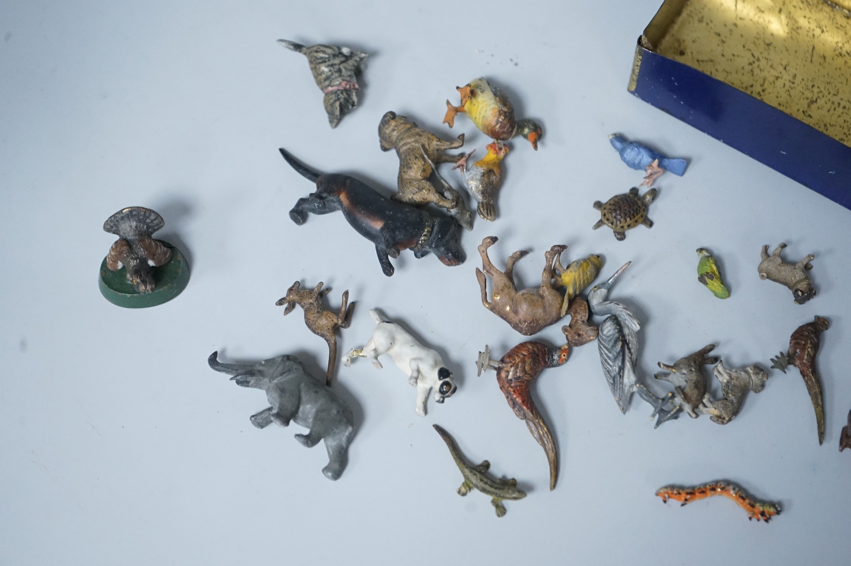 A group of Austrian miniature cold painted bronze and spelter animal and bird figures, largest 6cm wide